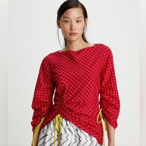 Tory Burch Windowpane Silk Tunic Top Red/White Ruched Drawstring – Size 12 NWT